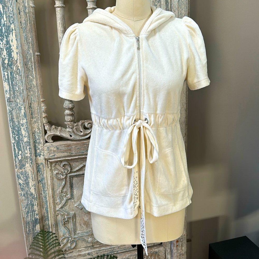 Juicy couture, puff sleeve, Terry cloth hoodie with rhinestones & gems,size Med.